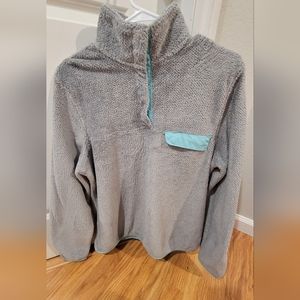 JACHS Cabin Womens  Grey & Blue Trim Fuzzy Fleece Snap T Pullover Jacket…